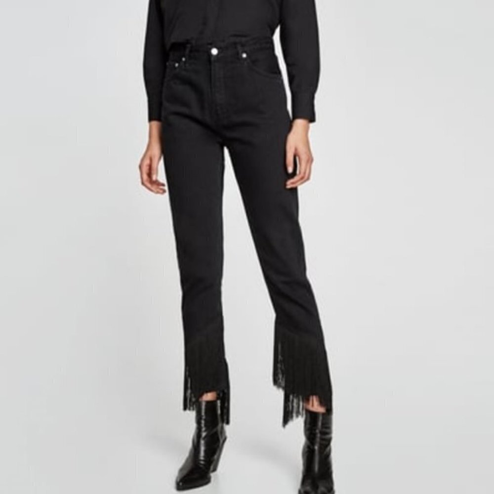 ZARA WOMAN The Vintage Black High Waisted Black Fringe Jeans Sz 4